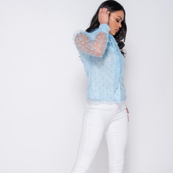 Polka Dot High Neck Long Sleeve Pussy Bow Blouse - Picture 5 of 7